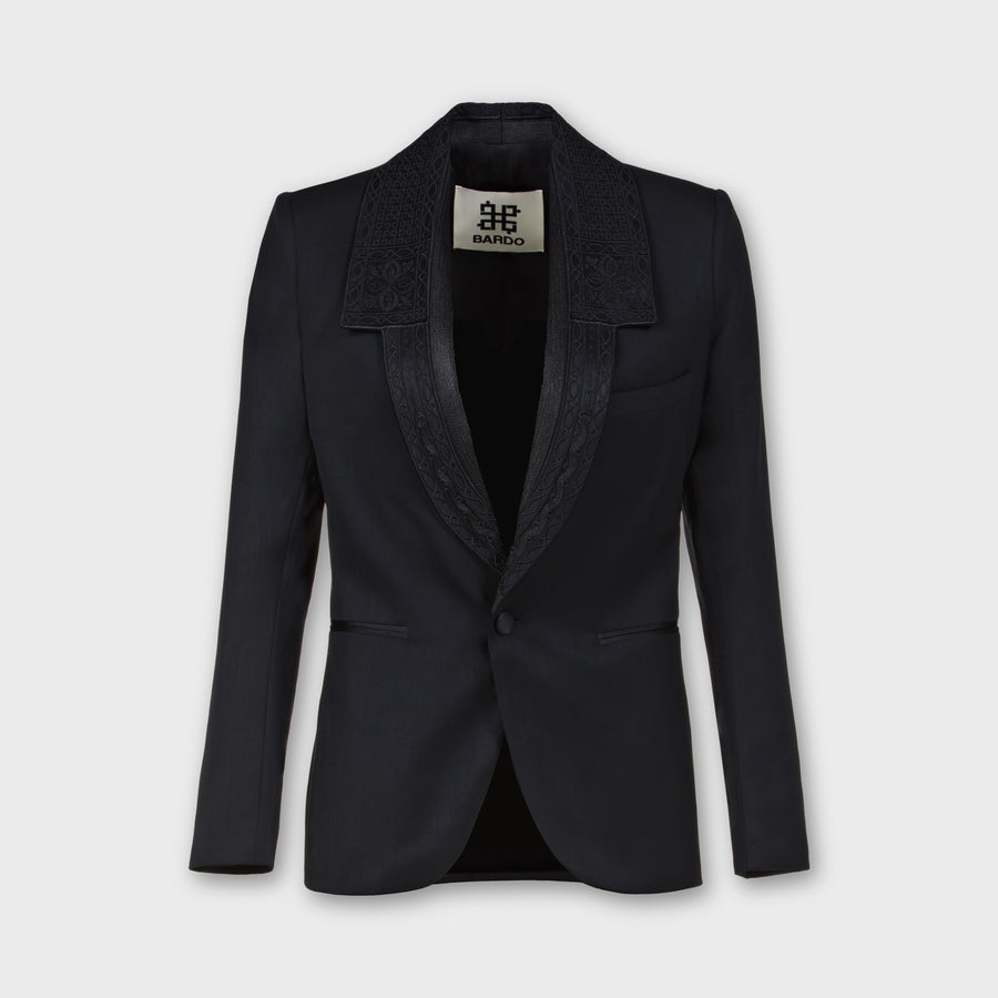 Black tuxedo jacket wool gabardine embroidery silk satin lapel