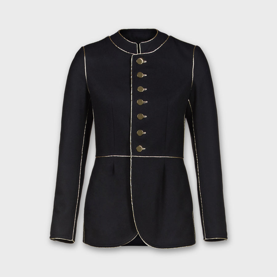 Black military officer jacket wool felt gold piping metal buttons