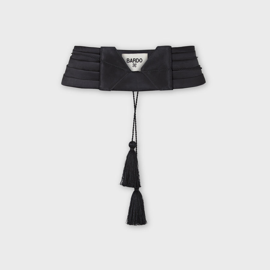 Black pleated silk satin belt tassel